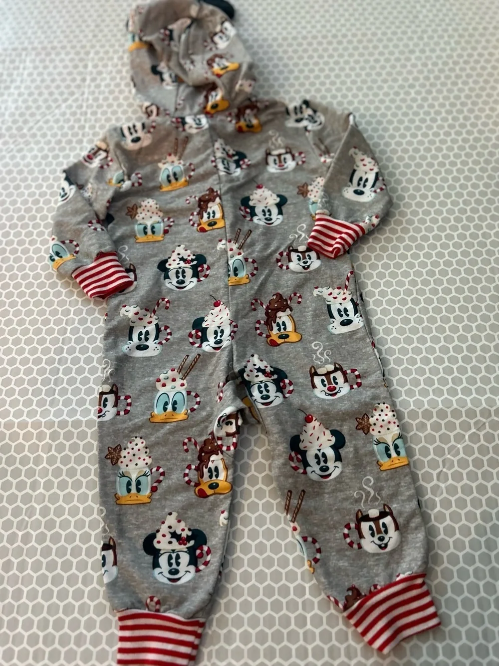 Disney Gray Holiday Character Hooded Baby One-Piece with Red Stripes Size 2